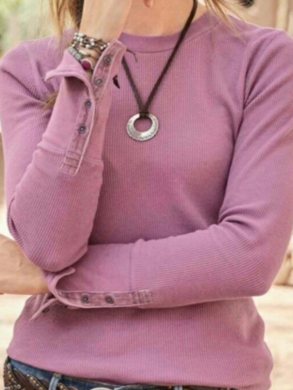 Sundance Velvet Button Cuff Waffle Knit Thermal Long Sleeve Top Size XL